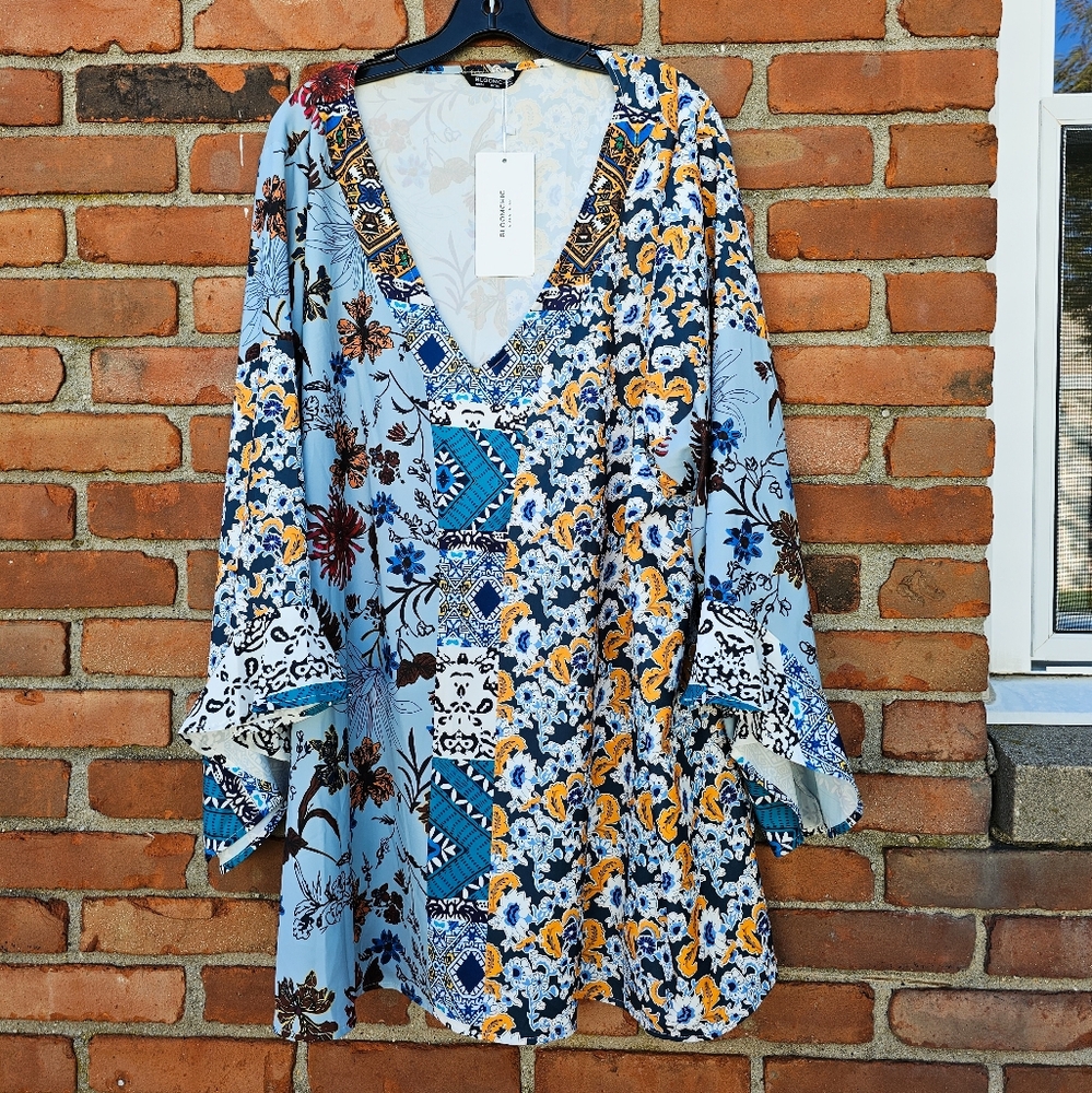 Bloomchic Blue Bohemian Floral Tunic Top – Bell Sleeve | Size 3X |